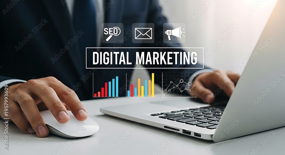 Fototapeta premium Business professional using computer and mouse with digital marketing graphics