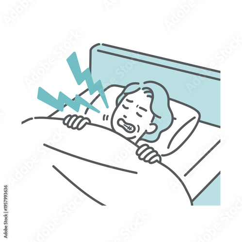 ベッドで歯ぎしり（食いしばり）をして眠るシニア女性のイラスト（睡眠障害・歯のトラブル）