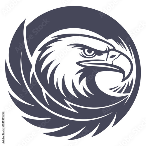 A stylized graphic illustration of a majestic eagle head enclosed within a circular frame design