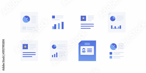 Collection of blue data analysis and reporting icons on a white background