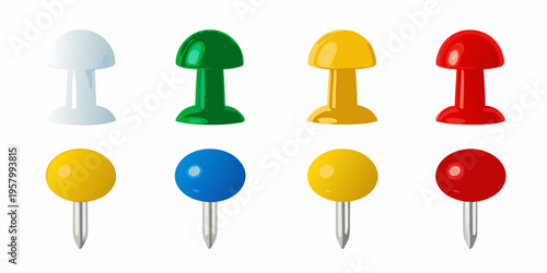 Colorful push pins arranged in two rows isolated on white background