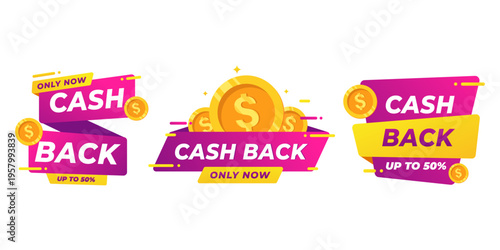 vector illustration of Cash Back Sale Banners With Coins, Discount Labels and Up To 50% Promotional Badges