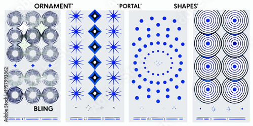 Four rectangular panels displaying repeating geometric patterns in blue and white