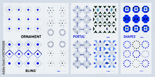 Abstract geometric patterns in blue and white arranged in a grid