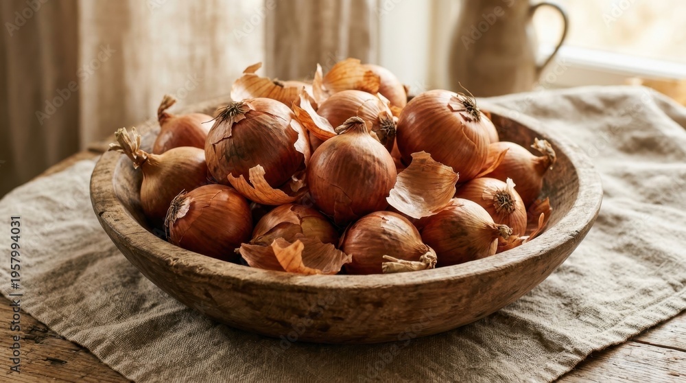 Obraz premium Brown onions with delicate papery skins piled in a rustic wooden bowl, showcasing their natural texture and earthy appeal