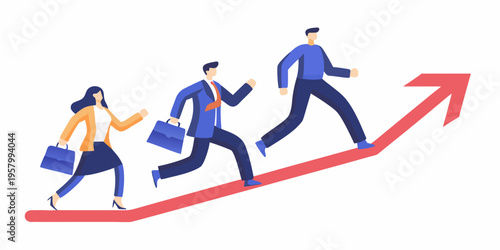 Business professionals running up a red arrow symbolizing growth and success