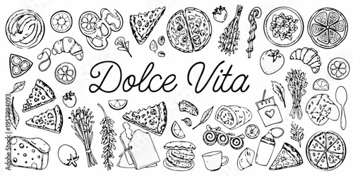 A whimsical sketch of various desserts fruits and breakfast items