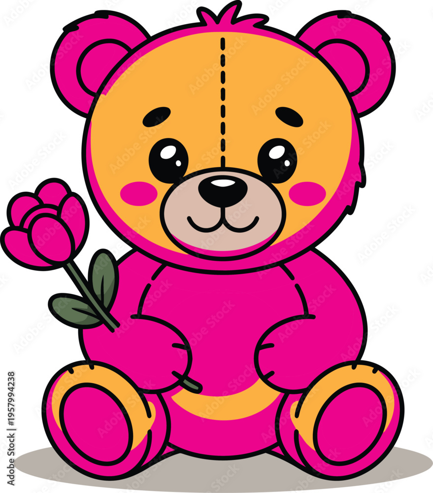 Fototapeta premium Cute cartoon girl with heart head and pink dress holding heart balloons cute character
