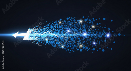 Glowing blue arrow accelerates through a dynamic network of sparkling particles and lines on a dark background conveying speed and innovation in technology and data transfer