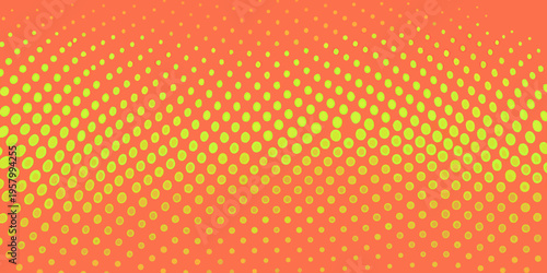 A vibrant orange background with a waving pattern of lime green dots