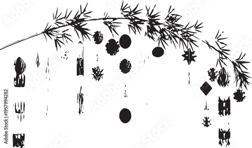 A minimalist black and white graphic illustration featuring a stylized bamboo branch with ornaments