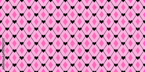 Pink background featuring a repeating pattern of black hearts and diamonds