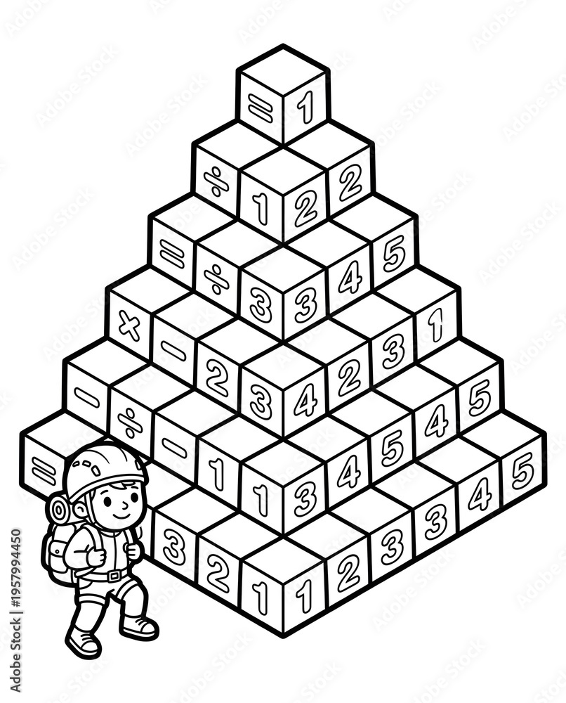 Fototapeta premium isometric pattern recognition worksheet design Child Exploring Mathematical Cube Pyramid Illustration for Educational Puzzle Solving and Learning Mathematics Enthusiasm