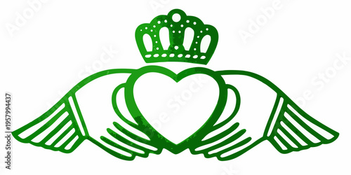 Green claddagh symbol featuring a heart held by hands and a crown