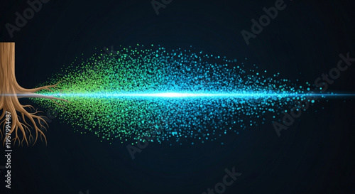 Tree root emits vibrant green blue light particles against dark background