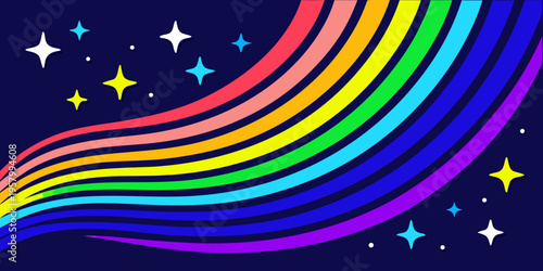 A vibrant rainbow arcs across a dark blue sky filled with twinkling stars
