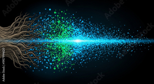 Vibrant blue and green particles emanate from tree roots against a dark background symbolizing growth and energy