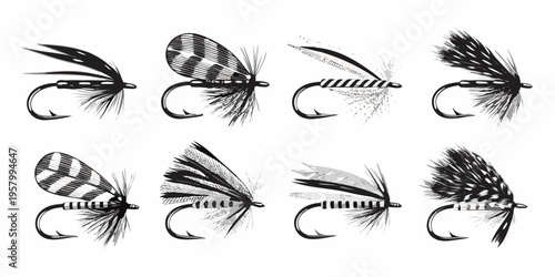 A collection of intricately designed fishing flies on a white background