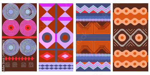 Four vertically arranged panels displaying colorful geometric abstract patterns