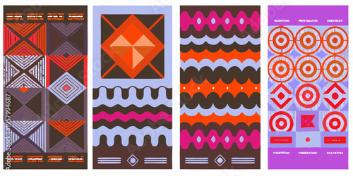Four vertically oriented panels displaying colorful geometric abstract patterns