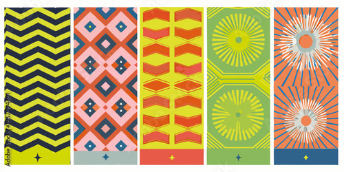 A series of six colorful vertically oriented patterned textile swatches