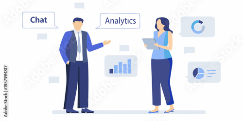 Business professionals discussing data and communication strategies in a modern setting