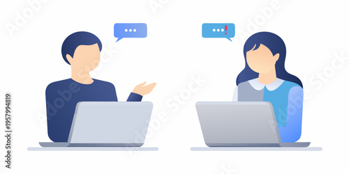 Two people communicating via laptops with speech bubbles above their heads