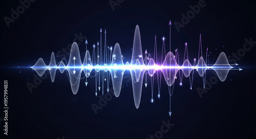 Vibrant sound wave with glowing blue and purple lights on a dark background representing music and technology