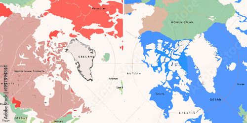 A colorful vintage style map highlighting greenland and surrounding regions