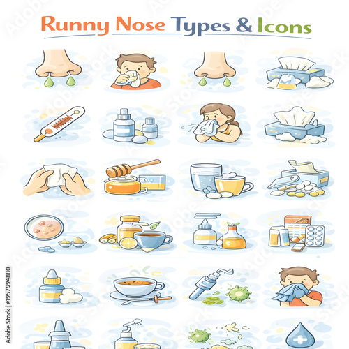 Runny Nose Type Icons Set – Cold and Flu Symptoms Vector Collection