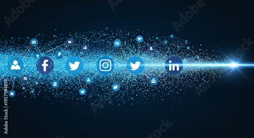 Social media icons with glowing blue connections on dark background representing online networking and communication