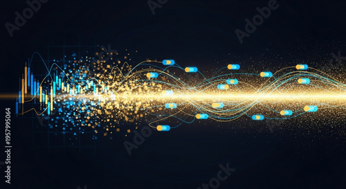 Vibrant sound wave with glowing blue and yellow particles on a dark background representing music and technology