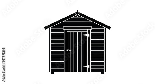 Black and white illustration of a wooden garden shed silhouette