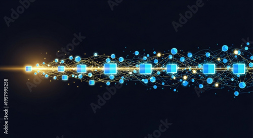 Glowing blue network nodes connect in a futuristic data visualization against a dark background with radiant light