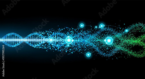 Glowing blue and green dna double helix structure with particles on black background representing genetic engineering and biotechnology concepts