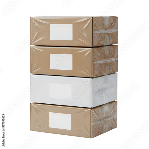 Stack of brown cardboard boxes with white labels isolated on transparent background
