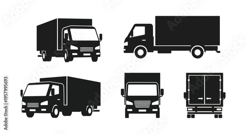 Various delivery truck views displayed in black and white silhouette
