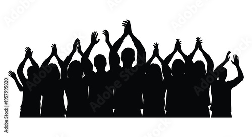 A crowd of people raising their hands in celebration silhouette