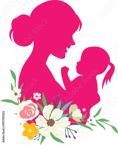 Silhouette of mother holding baby with colorful flowers, representing maternal love and family bond