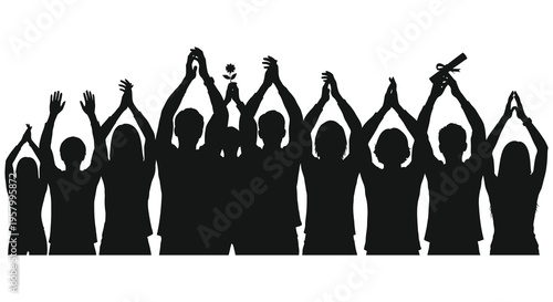 Celebrating group of people with arms raised in triumph silhouette