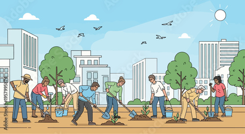 Diverse group of people planting trees in urban setting.