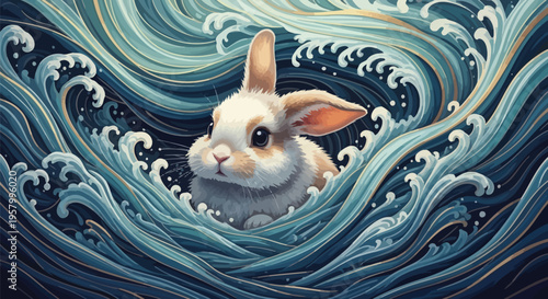 Rabbit struggles to stay afloat in turbulent ocean waves