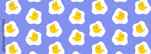 Seamless pattern with cute chicks keychains on blue background. Stylish cartoon chick in doodle style for children's textiles, summer packaging and stationery. Minimalistic modern wallpaper with yello