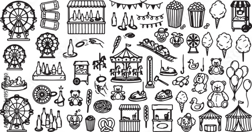 Hand Drawn Carnival and Amusement Park Icon Vector Set with Circus Rides and Fair Food