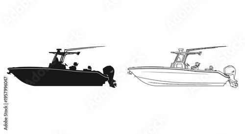 Two depictions of a center console fishing boat a striking silhouette