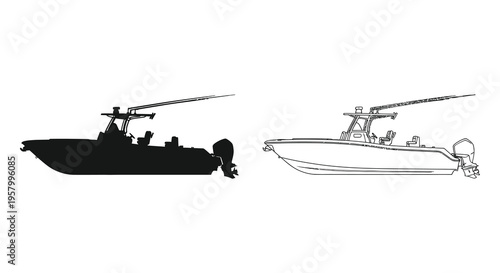 Detailed boat design illustration with a striking black silhouette