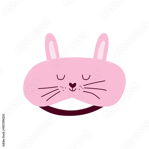 Cute pink bunny sleep mask with rabbit ears and funny face.Night accessory. Concept of pajama parties, healthy sleep.
