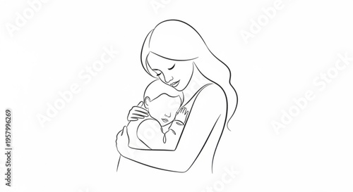 Tender moment of a mother holding and kissing her baby love and care gentle black and white line art illustration