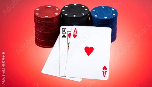 Ace King poker hand, dramatic red backdrop, chips stacked