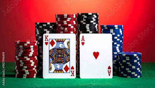 Ace King poker hand, dramatic red backdrop, chips stacked